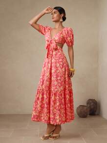 Swim Oasis Women Long Sleeve Front Tie Back Gathered A-Line Print Dress - Hot Pink - View 5