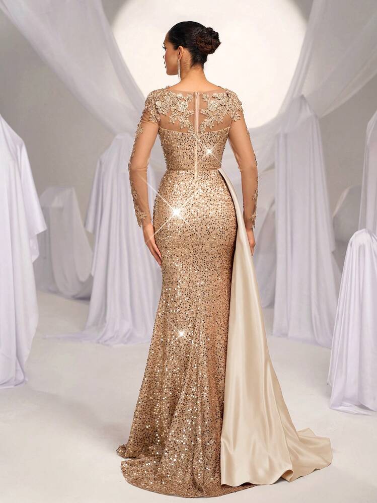 Glamrae Elegant, Luxurious Embroidered, Sequined, Lace & Satin Patchwork Ruched Slit Fishtail Dress With Train, Suitable For Wedding, Party, Event, Banquet (Heavy-Duty Version), Formal, Gown, For Evening, Wedding Guest Sparkly, For Valentine's Day - Apricot - View 3