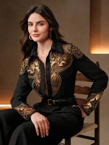 Anewsta Elegant "Old Money" Women's Fashion Western-Style Long Sleeve Blouse With Pearl Embroidery & Cutout Details - Black - View 3