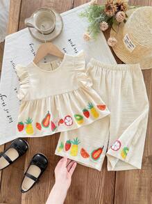 SHEIN 2 件套女婴可爱水果图案荷叶边短款上衣和高腰裤套装，夏季 - 杏色 - 查看 1