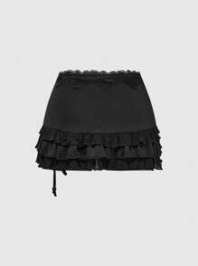 ROMWE Grunge Punk 春假音乐会狂欢复古性感低腰豹纹蕾丝花边分层荷叶边系带蝴蝶结褶饰半身裙 - 黑色 - 查看 4