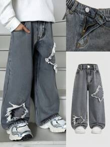 WIDE LEG JEANS WITH STARS-Light Grey,Young Kids Wide Leg Jeans With Elastic Waistband And Front Snap Button Closure. Front Pockets And Back Patch Pockets. Frayed Star Patches. - Light Grey - View 1