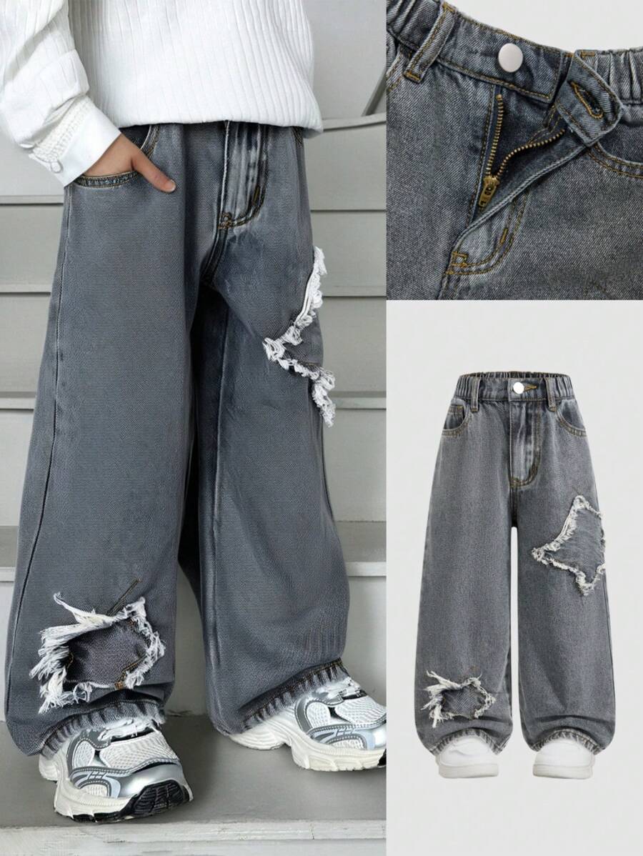 WIDE LEG JEANS WITH STARS-Light Grey,Young Kids Wide Leg Jeans With Elastic Waistband And Front Snap Button Closure. Front Pockets And Back Patch Pockets. Frayed Star Patches. - Light Grey - View 1