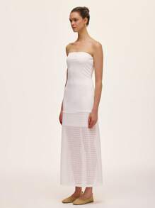 Chiquease Abito elegante da donna con colore unito, senza spalline, con inserti in pizzo e orlo a contrasto e con taglio a righe - Bianco - Visualizzare 4