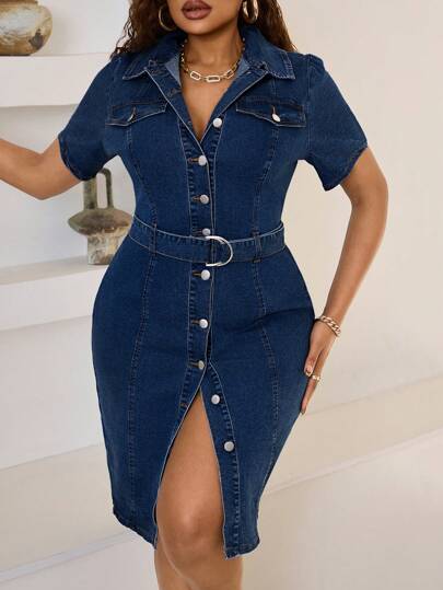SHEIN SXY Plus Size Women Single-Breasted Fitted Casual Denim Mini Dress, Short Sleeve