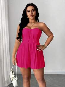 Celure Plus Size Women Elegant Romantic Strapless Ruffle Shorts Jumpsuit - Hot Pink - View 1