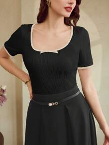 Vintamour 女士复古经典优雅T恤，修身撞色蝴蝶结短袖T恤，杏色，适合春季、夏季假日节日外出、商务休闲、教师等场合。 - 黑色 - 查看 3