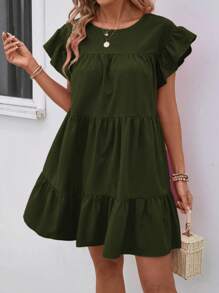 Breezaya 女士夏季纯色圆领宽松娃娃裙，带荷叶边装饰，度假海滩装 - 墨綠色 - 查看 3