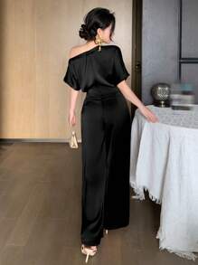 DAZY 女士奢华精致夏季连体裤，优雅高端轻缎华丽连体裤 - 黑色 - 查看 2