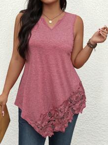 EMERY ROSE Áo ba lỗ cổ chữ V không tay viền ren không đối xứng cỡ lớn, dáng rộng thoải mái cho hoạt động ngoài trời/ngày lễ - Hồng - Xem 3