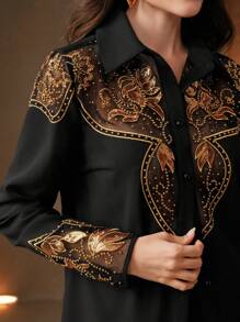 Anewsta Elegant "Old Money" Women's Fashion Western-Style Long Sleeve Blouse With Pearl Embroidery & Cutout Details - Black - View 6