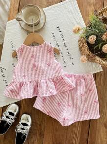 SHEIN LMoss Kids 女婴可爱夏季粉色和白色条纹蝴蝶结无袖上衣和松紧腰短裤套装 - 粉色 - 查看 2