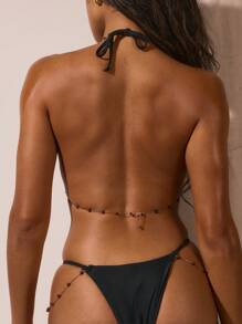Musera Resort Bikini z trójkątnym dekoltem typu halter, zdobione koralikami, tylko na wiosnę i lato, seksowne wakacje w stylu boho, festiwal na Ibizie, plaża, wakacje - Czarne - Zobacz 3