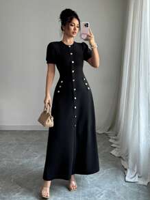 Elenzga Váy chữ A cổ tròn tay bồng cài nút giả - màu đen - Xem 6