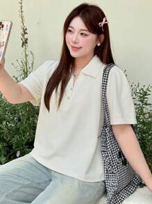Dazy Plus Solid Color Polo Collar Short Sleeve Regular Fit White Summer T-Shirt Women Summer Sets,Business Casual Women