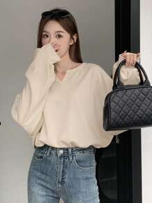 DAZY Women Solid V-Neck Drop Shoulder Long Sleeve Casual Loose T-Shirt Womens Waffle Knit Top Womens Knit Top Waffle Top Solid Color Top Womens Sweater Top