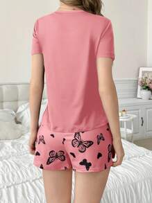 SHEIN Purple Butterfly Print Casual Short Sleeve & Shorts Ladies Pajama Sets - Pink - View 2