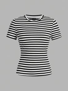 SHEIN EZwear 女式仿水钻字母蝴蝶结印花条纹休闲修身短袖 T 恤三件套，适合夏季、海滩度假 - 彩色 - 查看 4