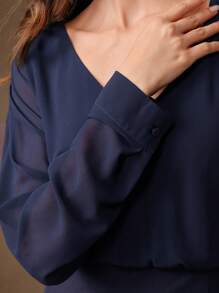 Anewsta Floral Print V-Neck Elegant Long Sleeve Ruffle Hem Dress - Navy Blue - View 5