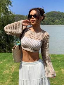 SHEIN EZwear Women's Loose Knit Open Stitch Drop Shoulder Long Sleeve Sweater, Casual - Khaki - View 3