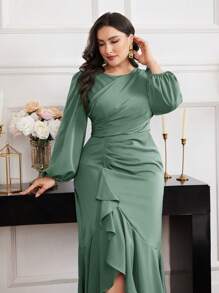 Modelyn Plus Size Elegant Solid Color Lantern Sleeve Ruffled Hem Dress - Green - View 3