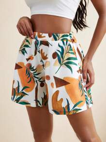 EBIB Blossom Drift Abstract Tropical Floral Printed Elastic Waist A-Line Shorts Women Vacation