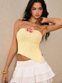 Poéselle Áo len bandeau thời trang họa tiết hoa 3D viền bất đối xứng dành cho nữ - Màu vàng - Xem 5