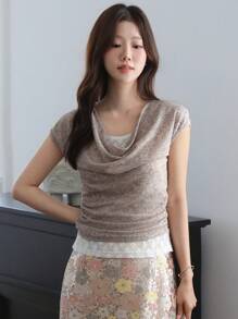 DAZY maglietta elegante da donna per vacanza, collo a barca, in chiffon e pizzo, slim fit