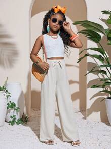 SHEIN 青少年女孩亚麻混纺宽松裤，适合任何场合的休闲日常度假装 - 卡其色 - 查看 5