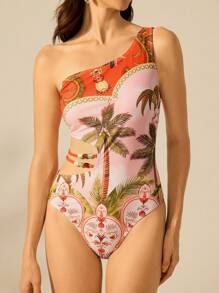 CAJUNI Damen Urlaubs-Einschulter-Badeanzug mit Palmen- und tropischem Blumen Muster in Orange, seitliche Taille mit Hohlräumen und Perlen-Schleife, geeignet für Strand, Date, Urlaub