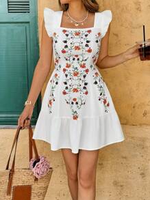 SHEIN LUNE Square Neck Cap Sleeve Slit Pocket Floral Embroidery Print Waist Cinched A-Line Hem Casual Holiday Elegant French-Style Mini Dress, Linen-Feel Material Casual Resort Elegant Streetwear Island Vacation Outfits Summer Dresses For Women Sun Dresses For Women Western Wear Women Strapless Dress Old Money Style Women Country Outfits Women Ibiza Outfits,Bohemian Clothes - White - View 8