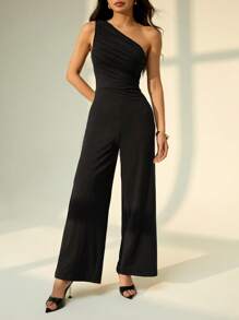 SHEIN PETITE Bộ đồ liền thân không tay cổ bất đối xứng màu trơn, thiết kế thanh lịch cho mùa hè - màu đen - Xem 4