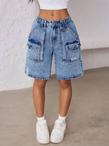 SHEIN ICON Denim Shorts With Pockets, Fashionable For Summer - Light Wash - View 5