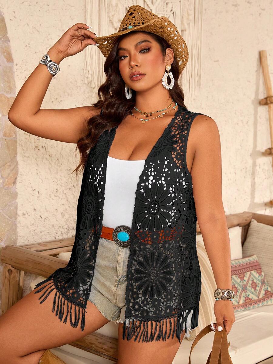 Breezaya Damen Große Größen Lässig Beach open knit Strickjacke mit Quasten Dekor, apricotfarben