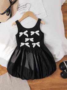 Young Girl Solid Color Crew Neck Knit Patchwork Ruffle Hem Snug Fit Dress - Black - View 3