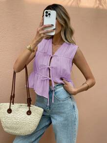 SHEIN Frenchy Áo cánh không tay cổ chữ V buộc phía trước màu trơn cho nữ - Màu tím hoa cà - Xem 6