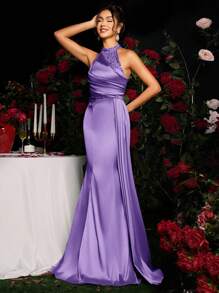 Coutiva 女式闪亮褶饰鱼尾下摆露背优雅晚礼服，正式，派对礼服，适合婚礼宾客