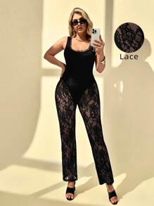 Auralis Tenues d'été grande taille pour femmes, robe de témoin de mariage, tenues de club pour femmes, tenues sexy de rave pour femmes, tenues d'anniversaire pour femmes, tenues de rave, style "old money" pour femmes, tenues de croisière pour femmes, mode d'été européenne décontractée, combinaison élégante et sexy en couleur unie avec dentelle transparente sans manches