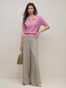 BizChic Women's Autumn Lavender Purple Polo Collar Diamond Knit Short Sleeve Pullover Sweater, Basic Minimalist Elegant Business Casual Office Wear - Pink - View 2