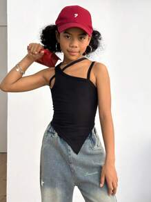 SHEIN Explorewe Maglia In Maglia A Costine Per Ragazze Adolescenti Con Colletto E Orlo Asimmetrici - nero - Visualizzare 6