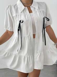 Flirla Chemise d'été minimaliste avec nœud décoratif et volant à l'ourlet pour femmes de grande taille