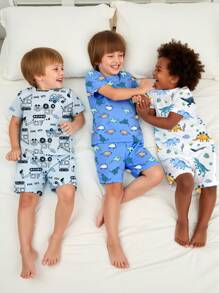 6pcs/Set Boy Pajamas - Cartoon Galaxy & Ocean Animal Print Snug Fit T-Shirt And Shorts Set, Toddler Boys