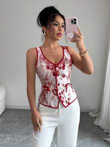 Elenzga Camisa con apertura frontal y detalle de lazo en tela de jacquard elegante - Rojo - Ver 1
