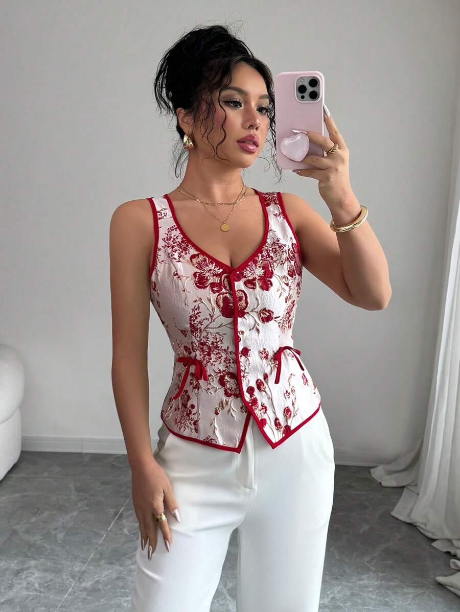 Elenzga Camisa con apertura frontal y detalle de lazo en tela de jacquard elegante - Rojo - Ver 1