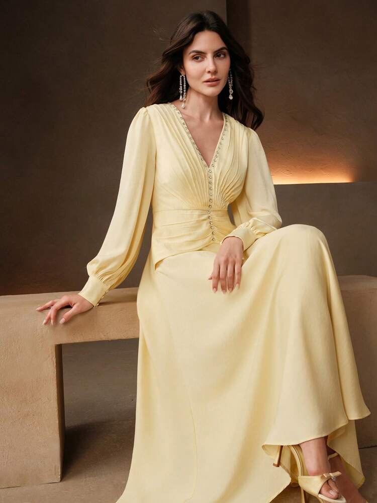 Elegant V-Neck Ruched Waist Pleated Dress For Women, Birthday Dress For Women, Wedding Guest Dress