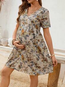 SHEIN Đầm bầu tay ngắn cổ chữ V in hoa, đầm đi nghỉ hè phong cách Boho cho nữ. - màu nâu - Xem 1