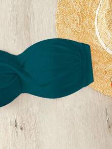 SHEIN Swim 夏季實色平口比基尼上衣，海灘推桿型內置鋼圈 - 墨綠色 - 查看 4
