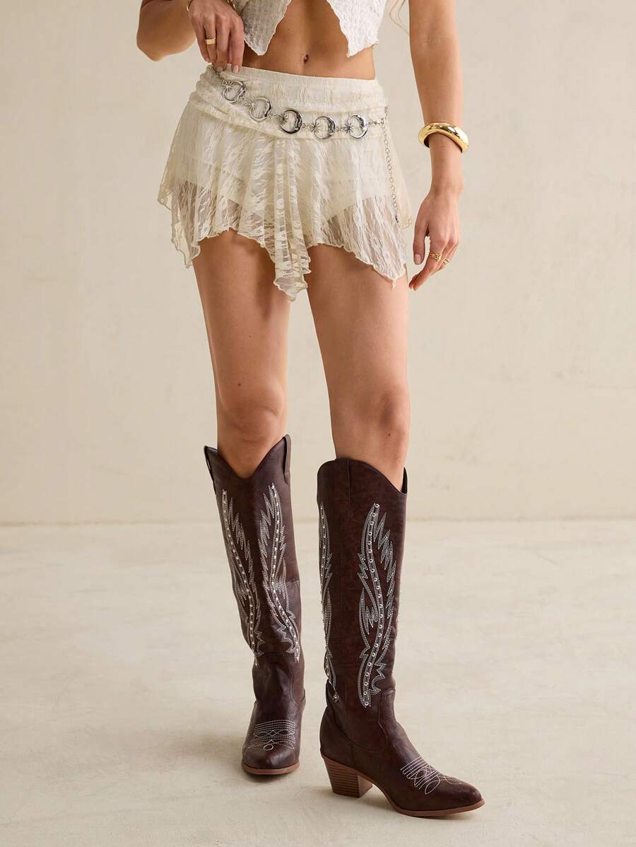 SHEIN Tall Women's Summer Solid Color Lace Asymmetric Hem Skirt,Bohemian Clothes - Beige - View 1