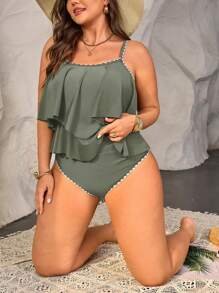 Swim Lushoire 2 pièces Ensemble de vacances d'été pour femmes grande taille, crop top à bretelles spaghetti double couche avec volants sur les bords et short taille haute à volants