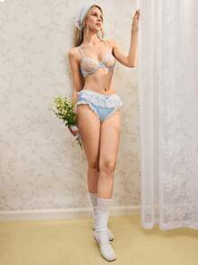 SHEIN Underwire Embroidered Floral Romantic Pastoral Style Lingerie Bra For Women Bountiful Floral Splendor - Baby Blue - View 6